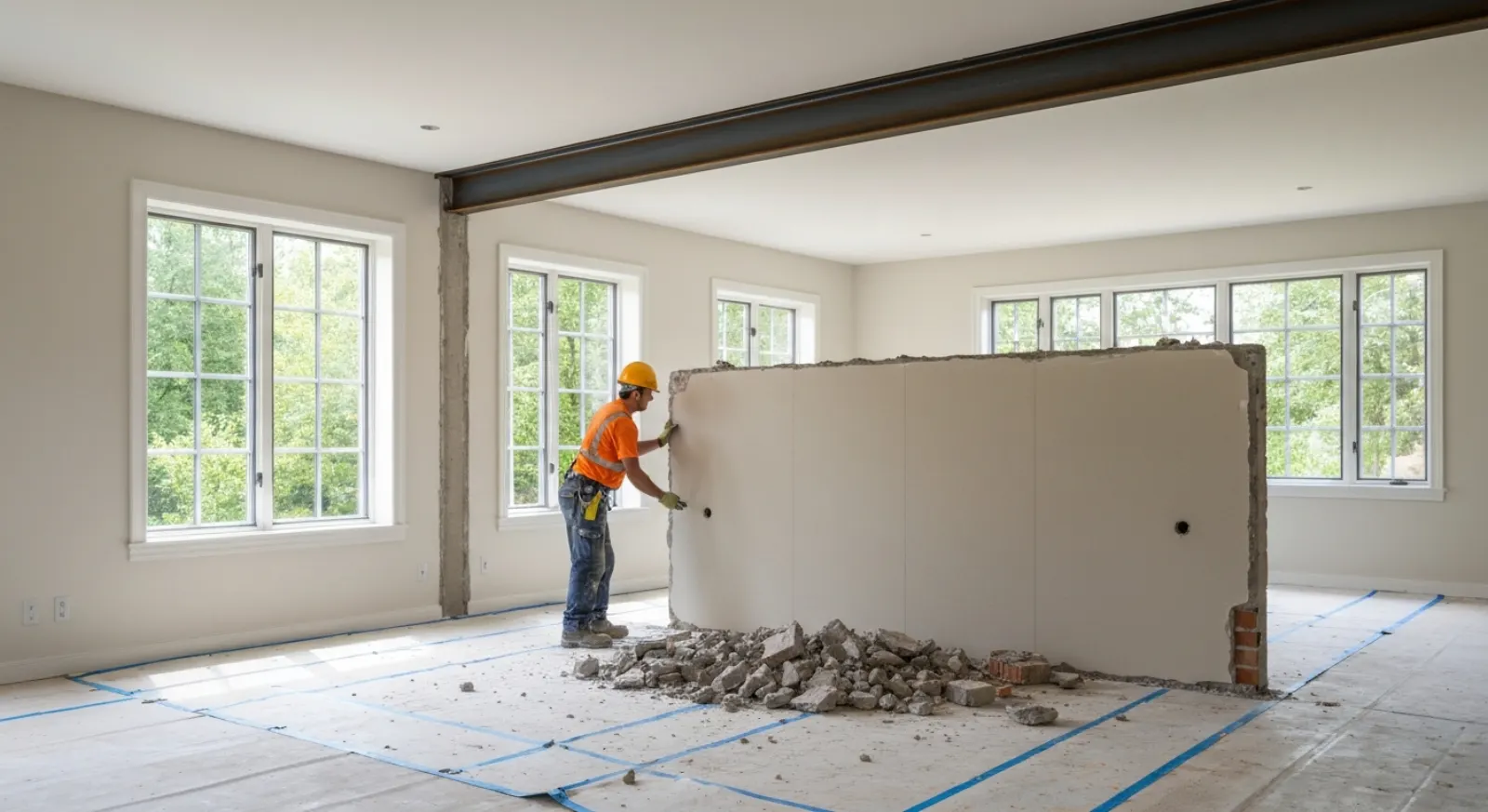 Ouvrier professionnel réalisant l'abattage d'un mur porteur dans une maison en rénovation avec un IPN en acier posé en linteau