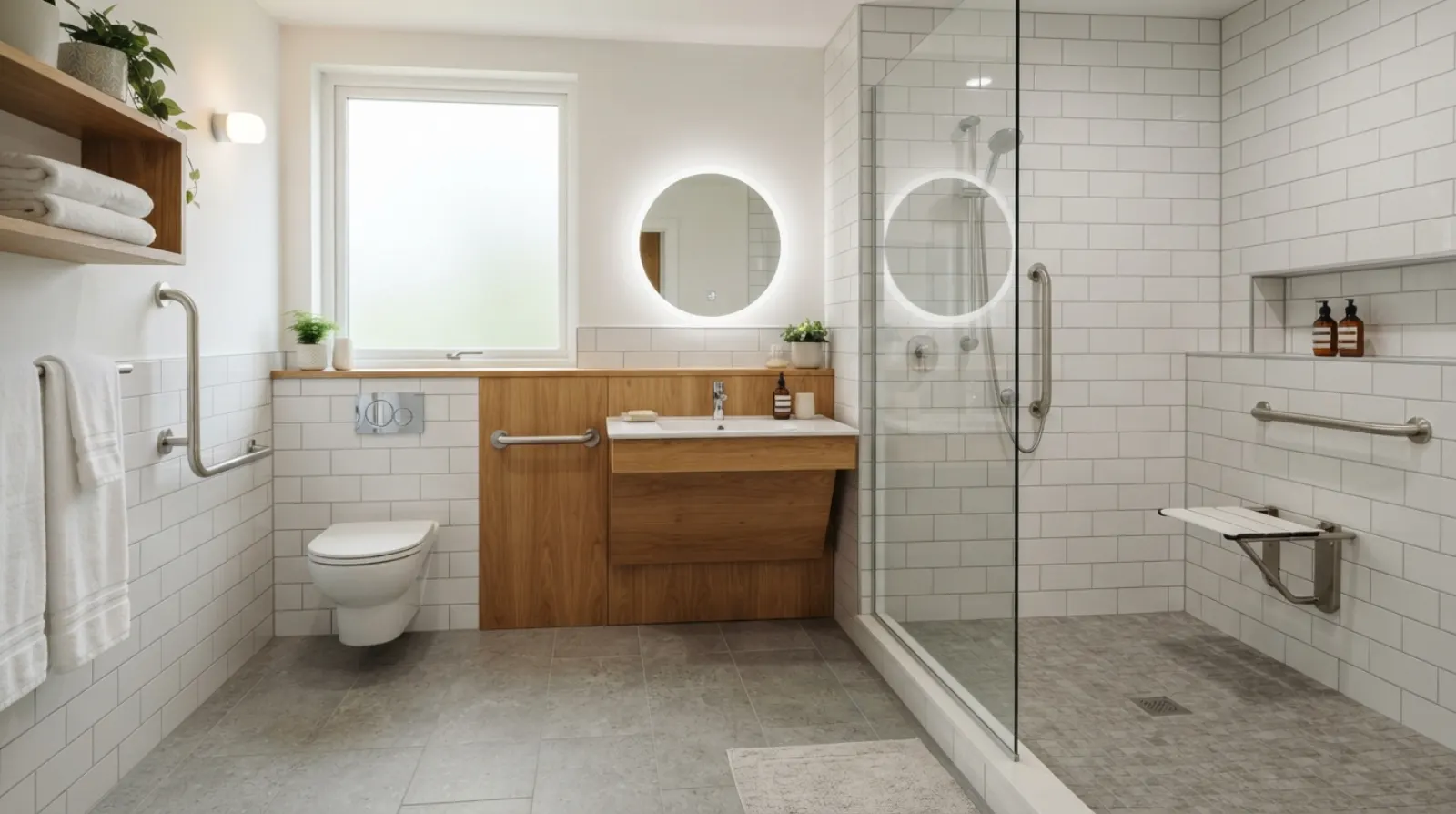 Salle de bain accessible avec douche de plain-pied, barres d'appui et sol antidérapant