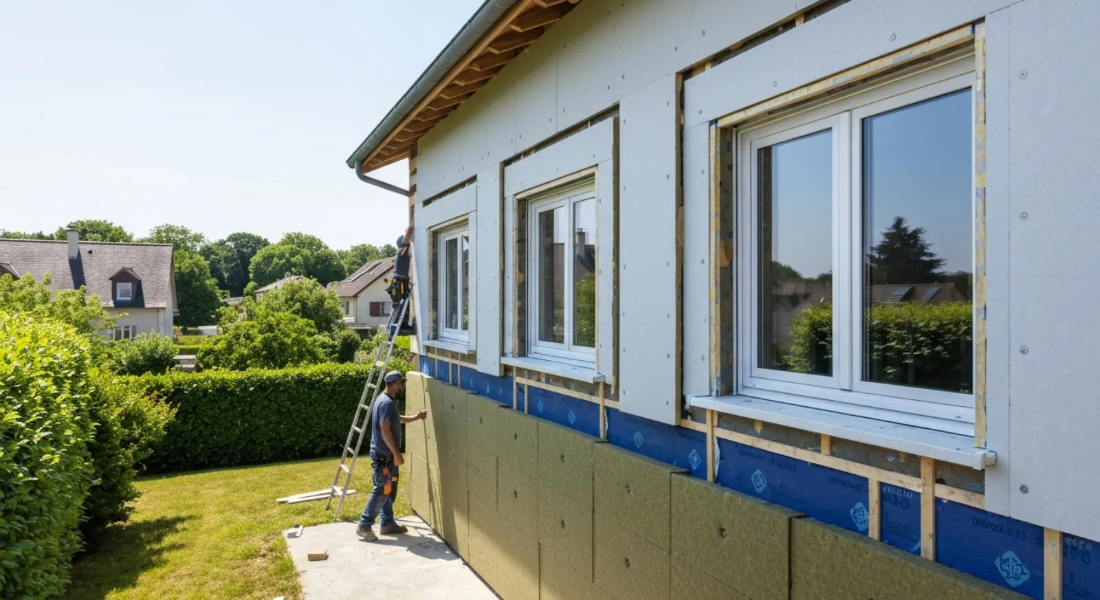 Maison en cours de rénovation énergétique avec pose de fenêtres et isolation extérieure