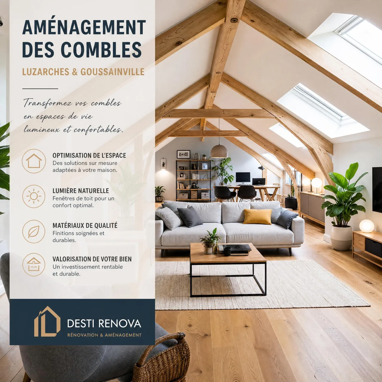 Aménagement de combles lumineux avec poutres apparentes et fenêtre de toit à Luzarches ou Goussainville