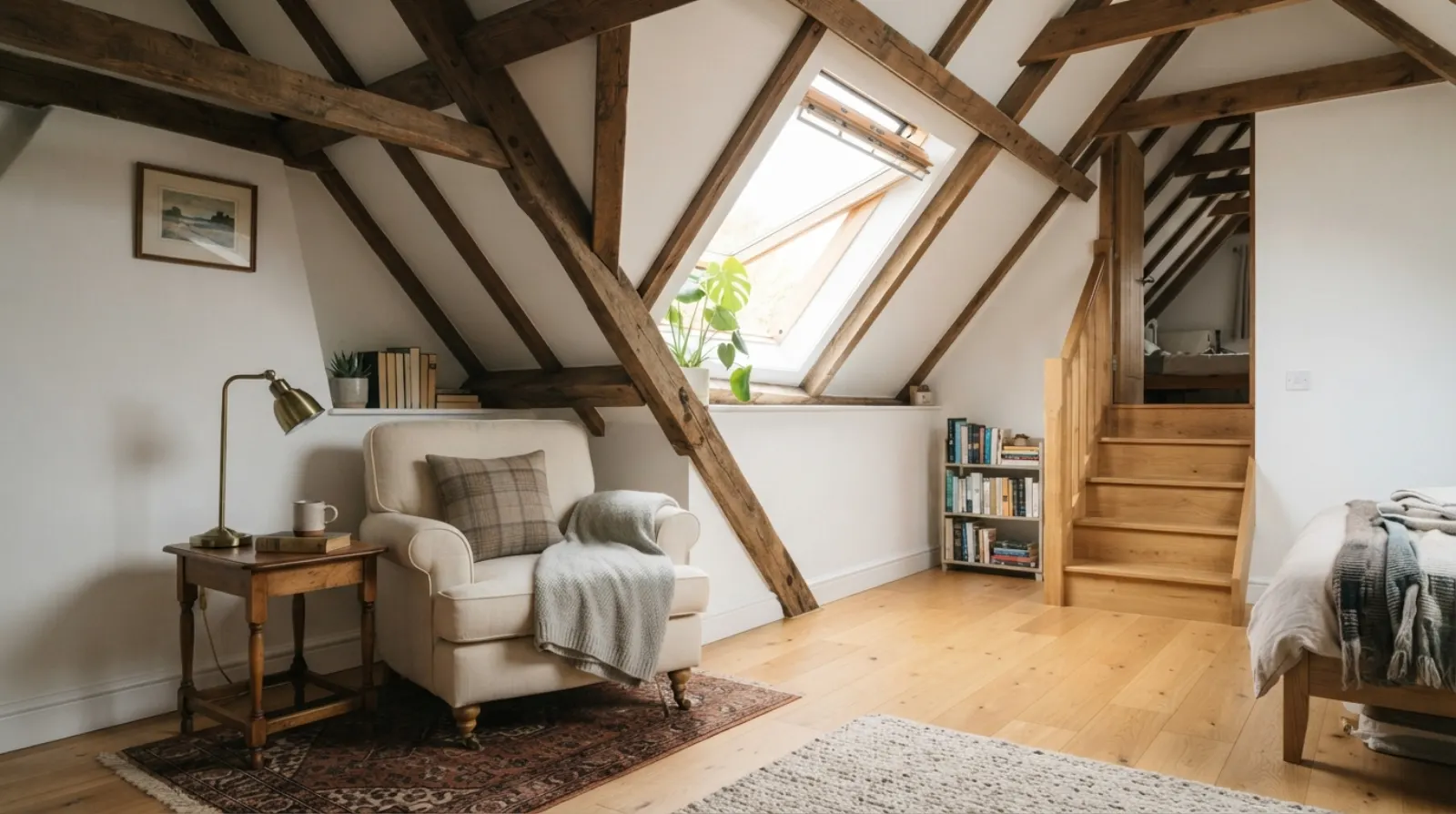 Combles aménagés avec poutres apparentes, fenêtre de toit et parquet clair dans un pavillon rénové