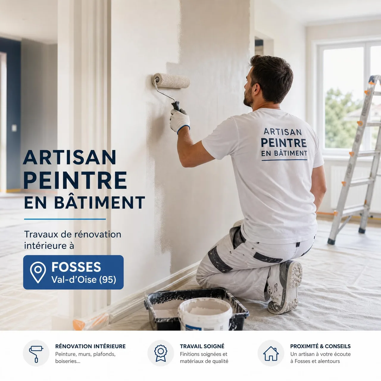 Artisan peintre en bâtiment réalisant des travaux de rénovation intérieure dans une maison à Fosses, Val-d’Oise (95)