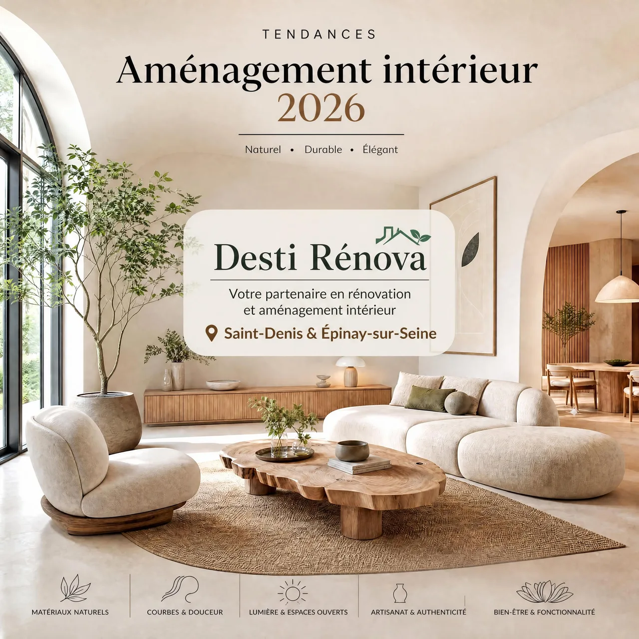Salon moderne et lumineux au design organique et épuré avec des matériaux naturels, illustrant les tendances d'aménagement intérieur de 2026