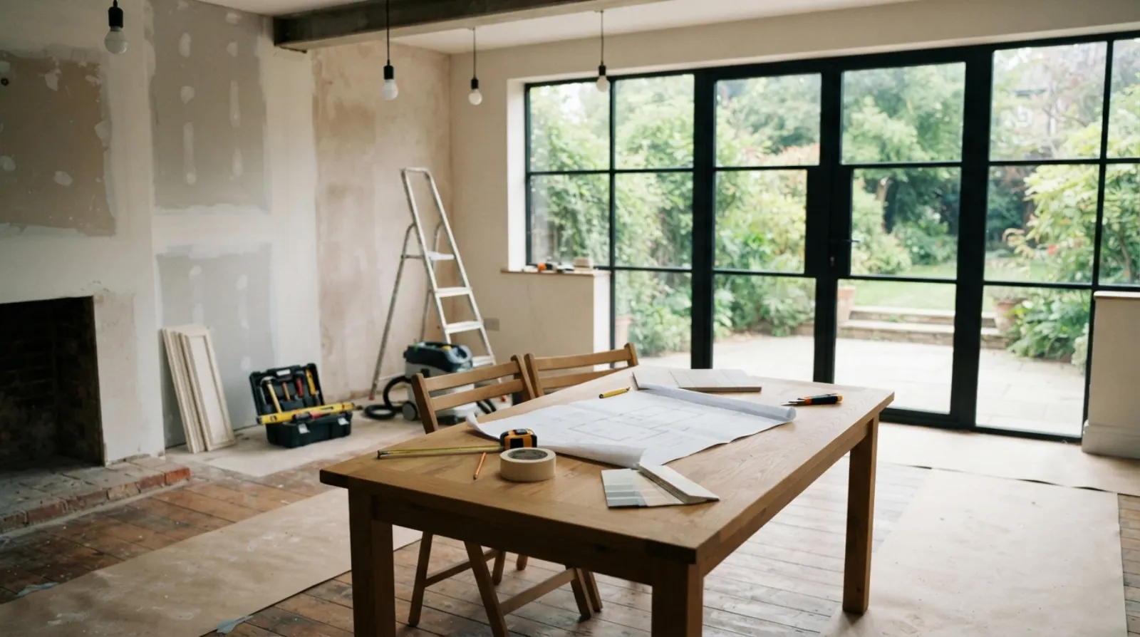 Un artisan rénovation discute d'un projet avec un propriétaire dans une pièce en cours de rénovation