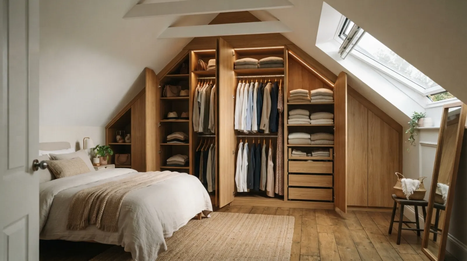 Dressing sur mesure encastré sous une pente de toit dans une chambre lumineuse avec finitions bois