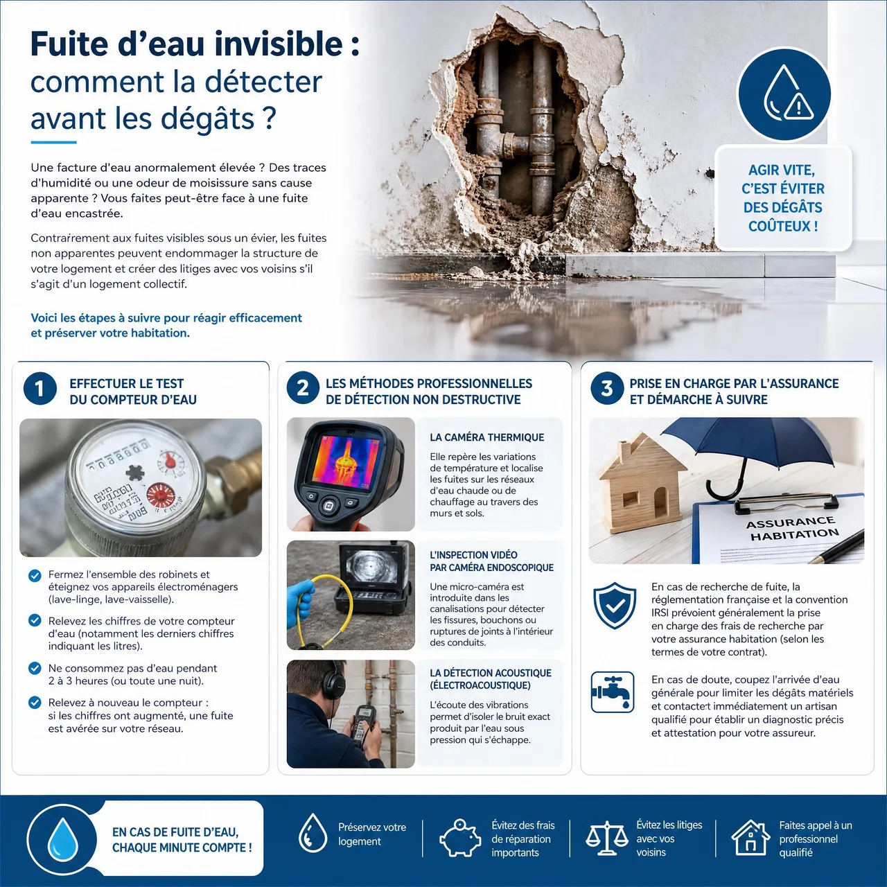 Détection professionnelle d’une fuite d’eau invisible dans un mur avec caméra thermique
