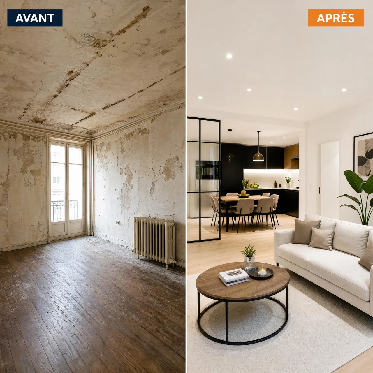 Montage avant-après d’une rénovation intérieure complète avec murs repeints, cloisons modernisées, sol rénové et salle de bains contemporaine