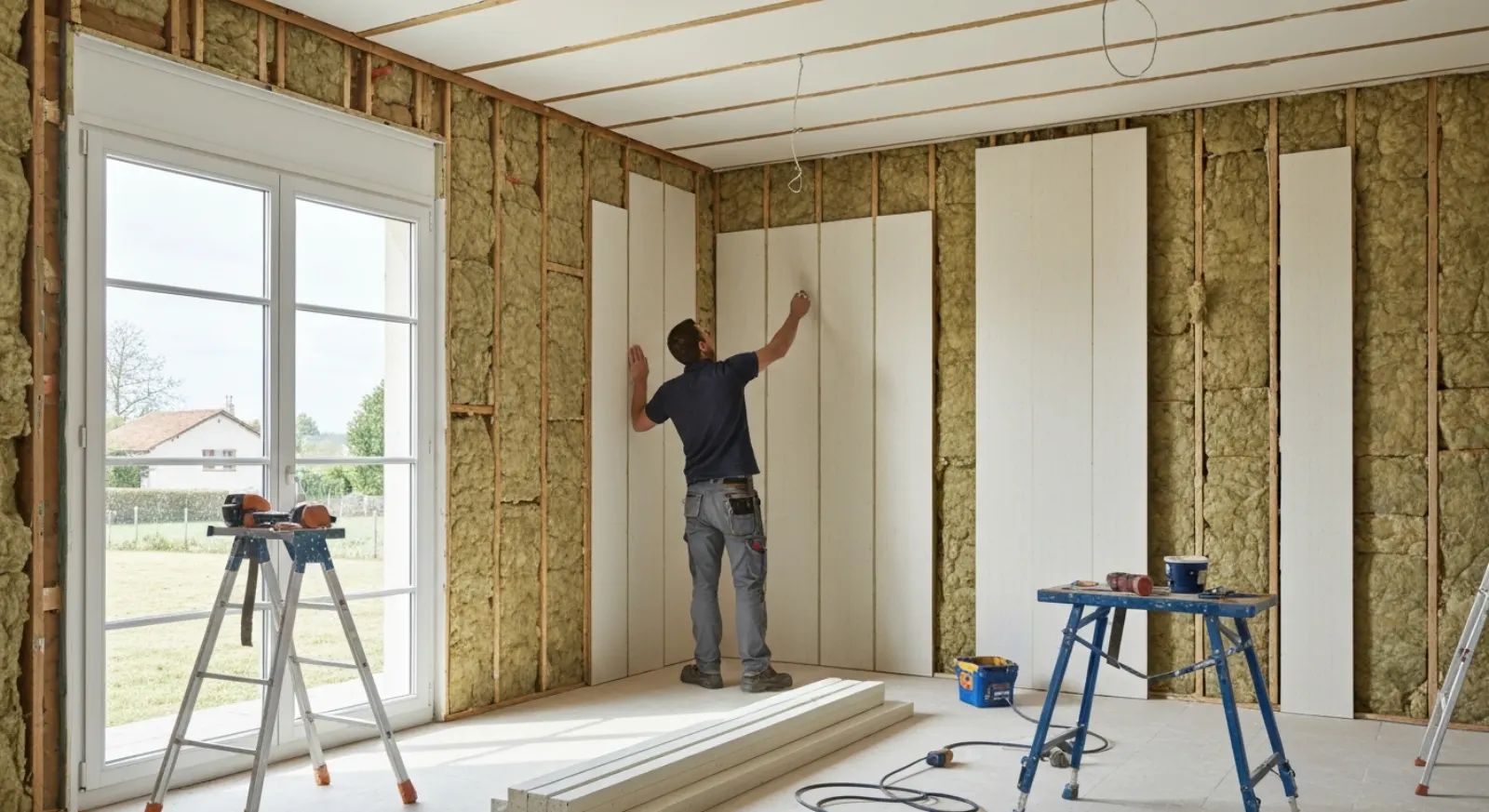 Poseur installant des panneaux d'isolation thermique par l'intérieur sur un mur de pavillon