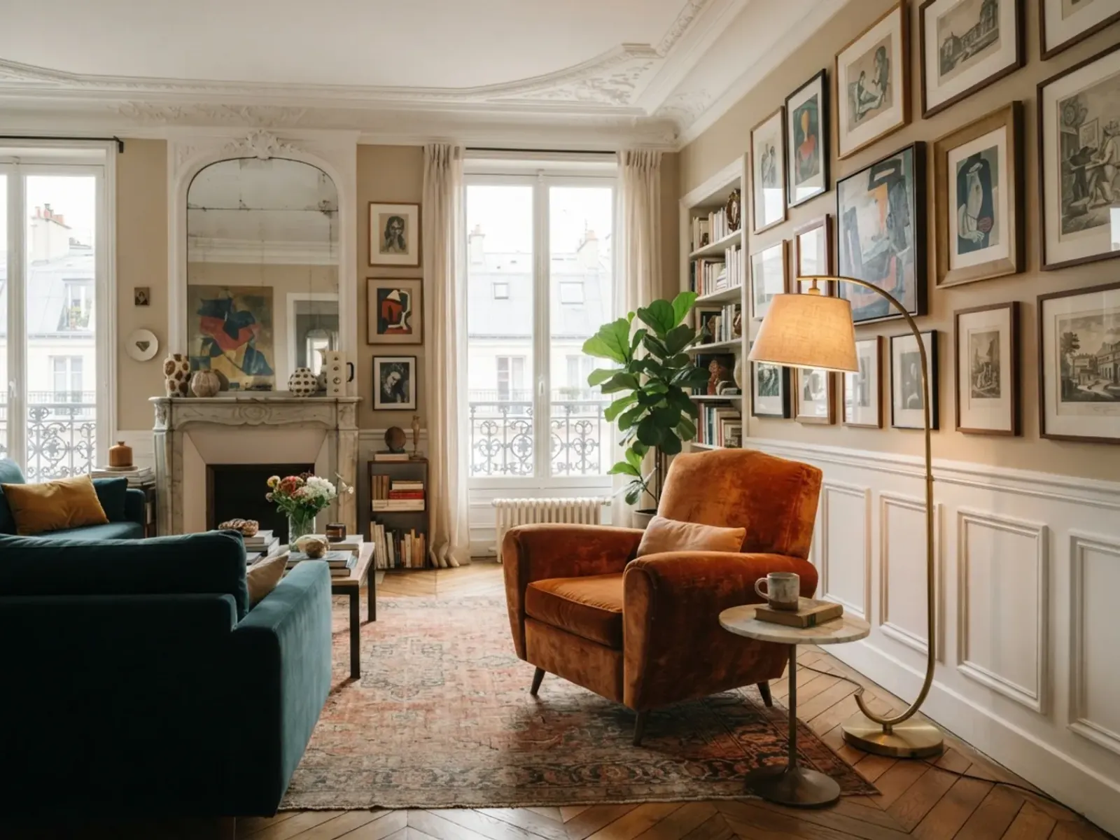 Un professionnel de la rénovation examine des plans dans un salon en cours de travaux, murs enduits et lumière naturelle