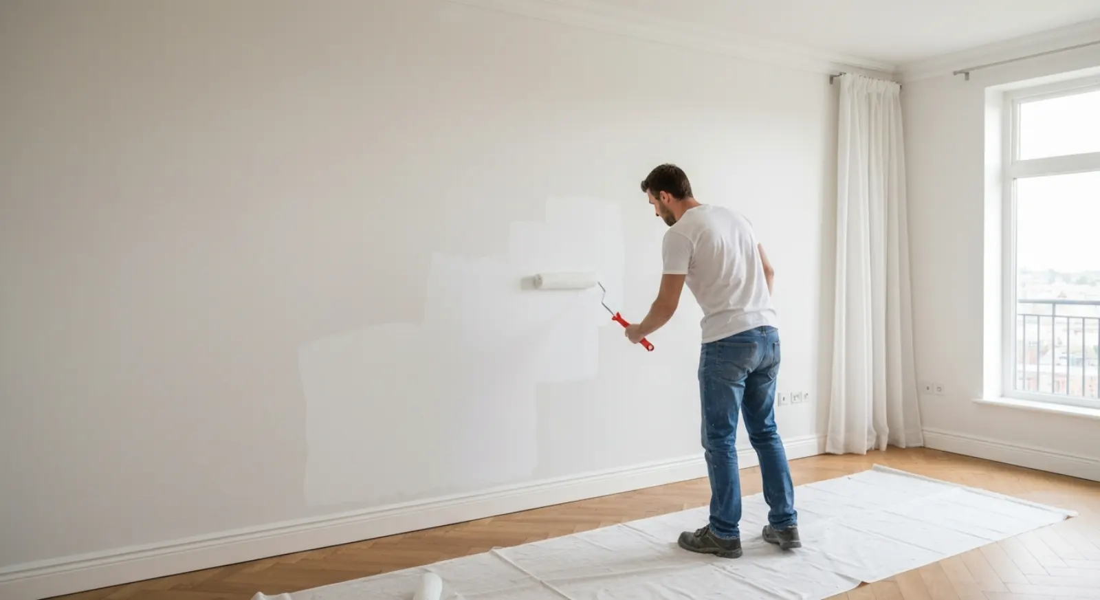 Peintre professionnel appliquant une peinture intérieure sur un mur bien préparé dans un salon lumineux