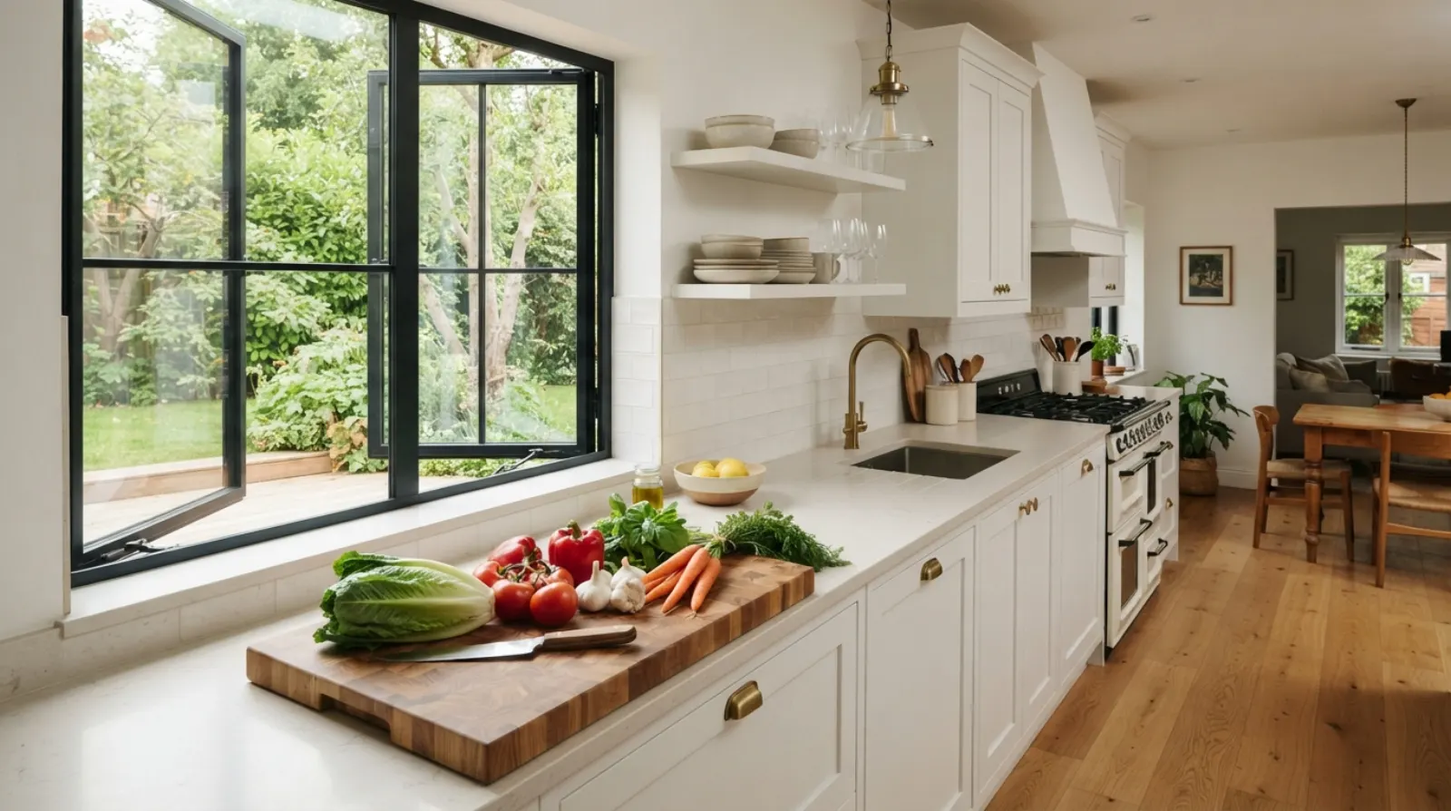 Cuisine rénovée lumineuse avec un plan de travail clair en pierre et des façades blanches