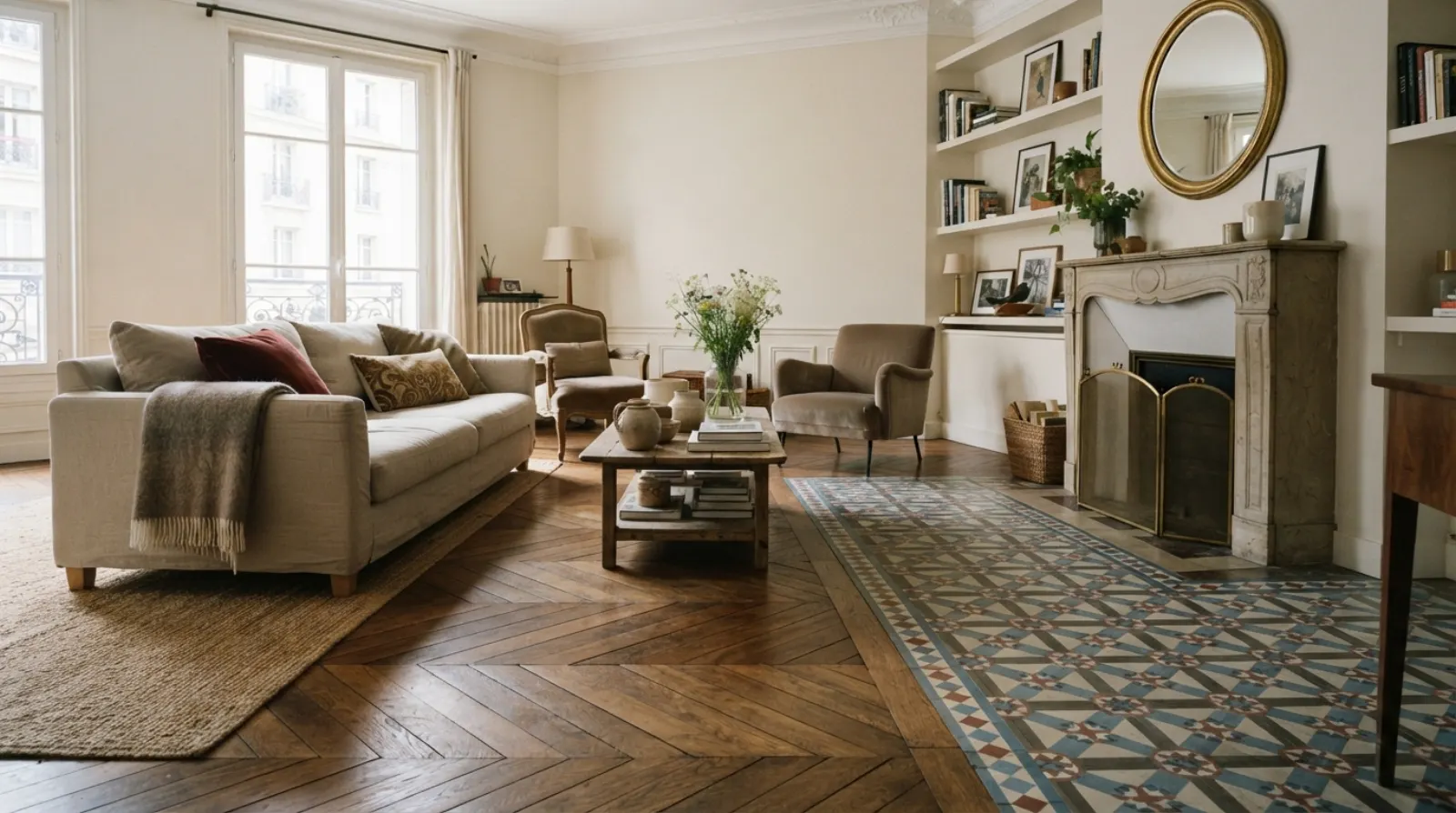 Salon rénové avec un beau parquet en chêne clair, canapé blanc et lumière naturelle