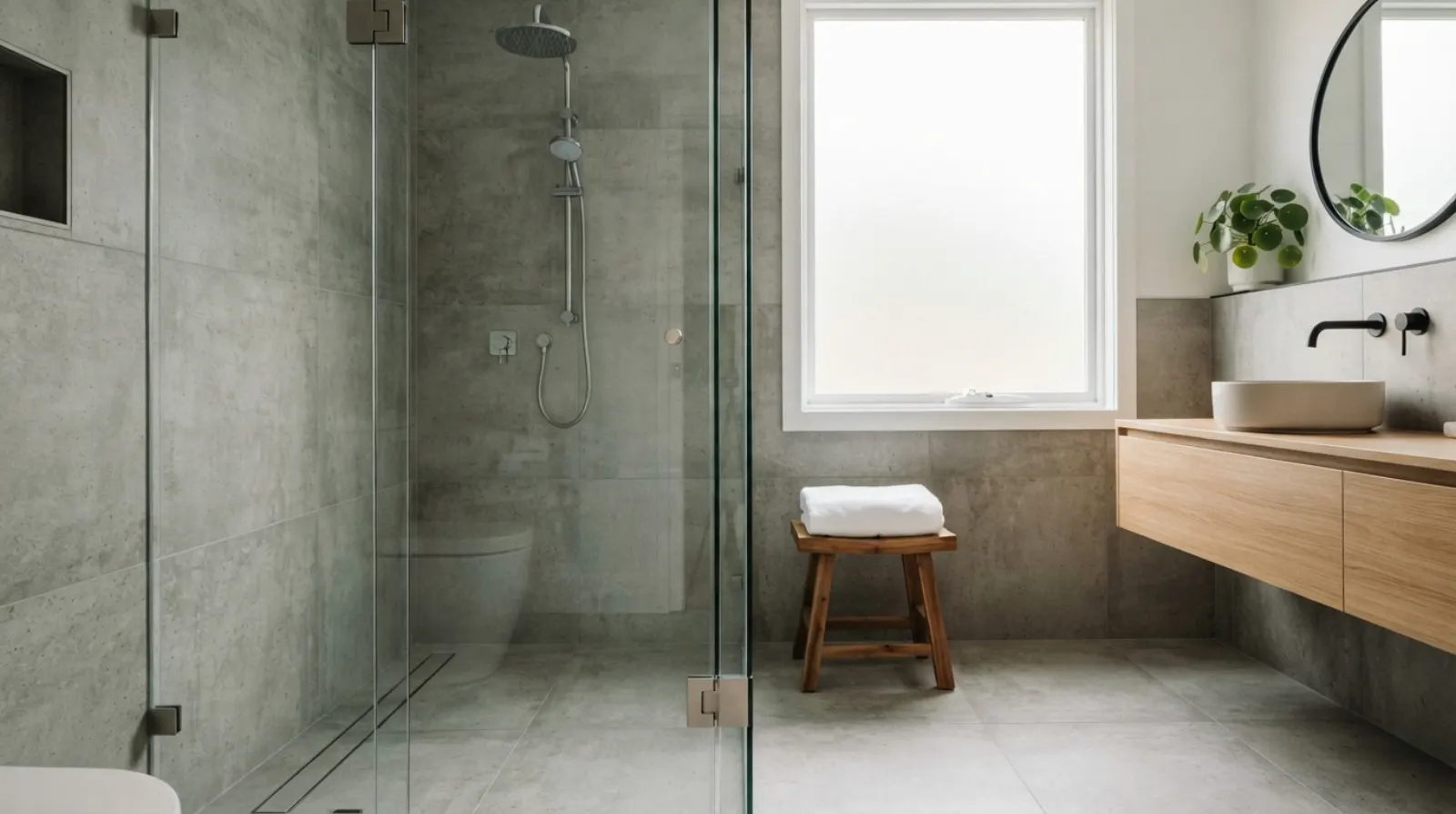 Douche à l'italienne moderne avec carrelage grand format gris et paroi en verre dans une salle de bain lumineuse