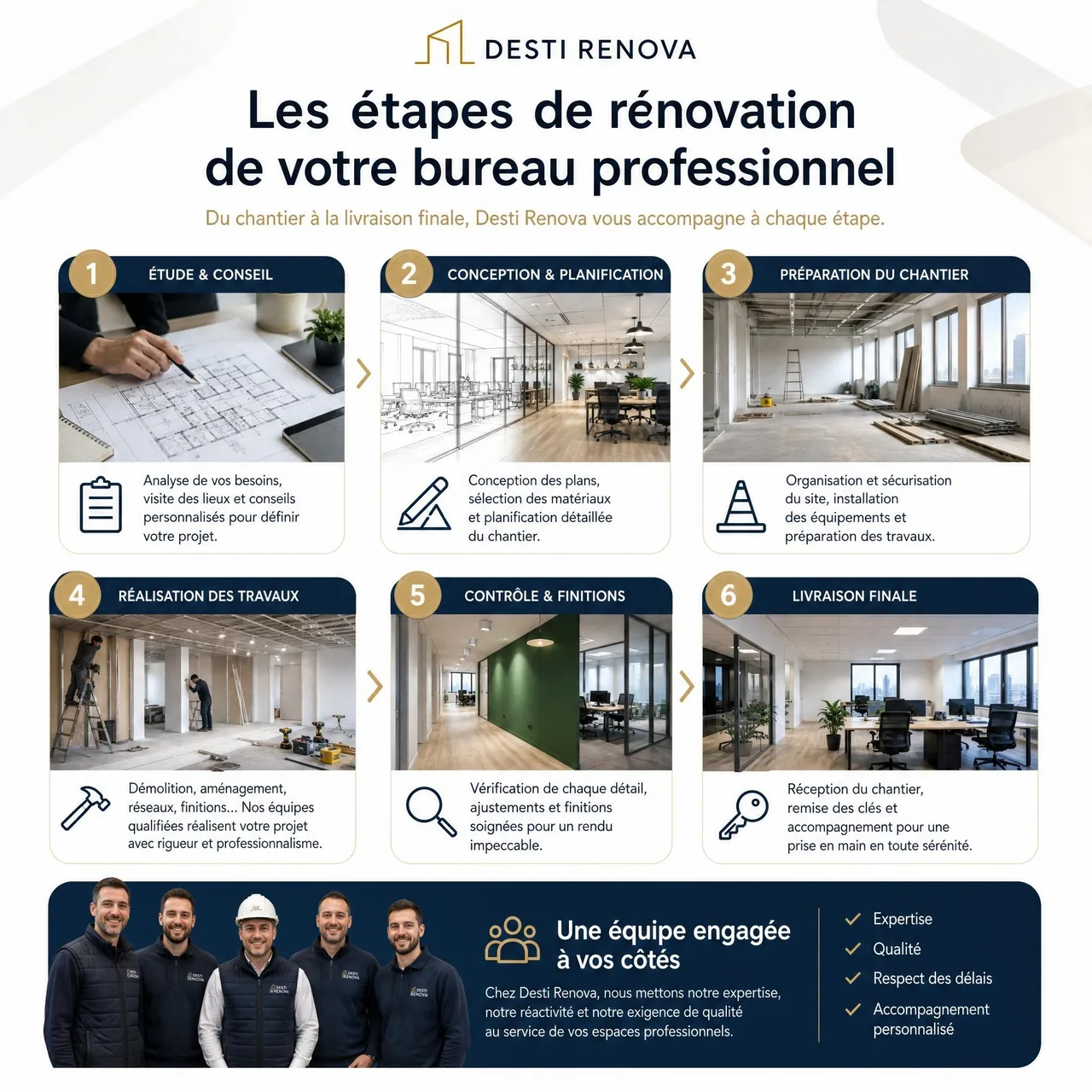 Étapes de rénovation d'un bureau professionnel, du chantier à la livraison finale avec équipe Desti Renova
