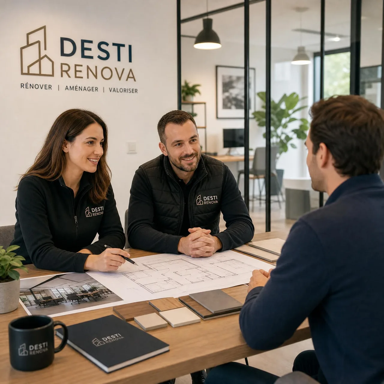 Équipe Desti Renova en consultation avec un client pour la rénovation de son bureau professionnel
