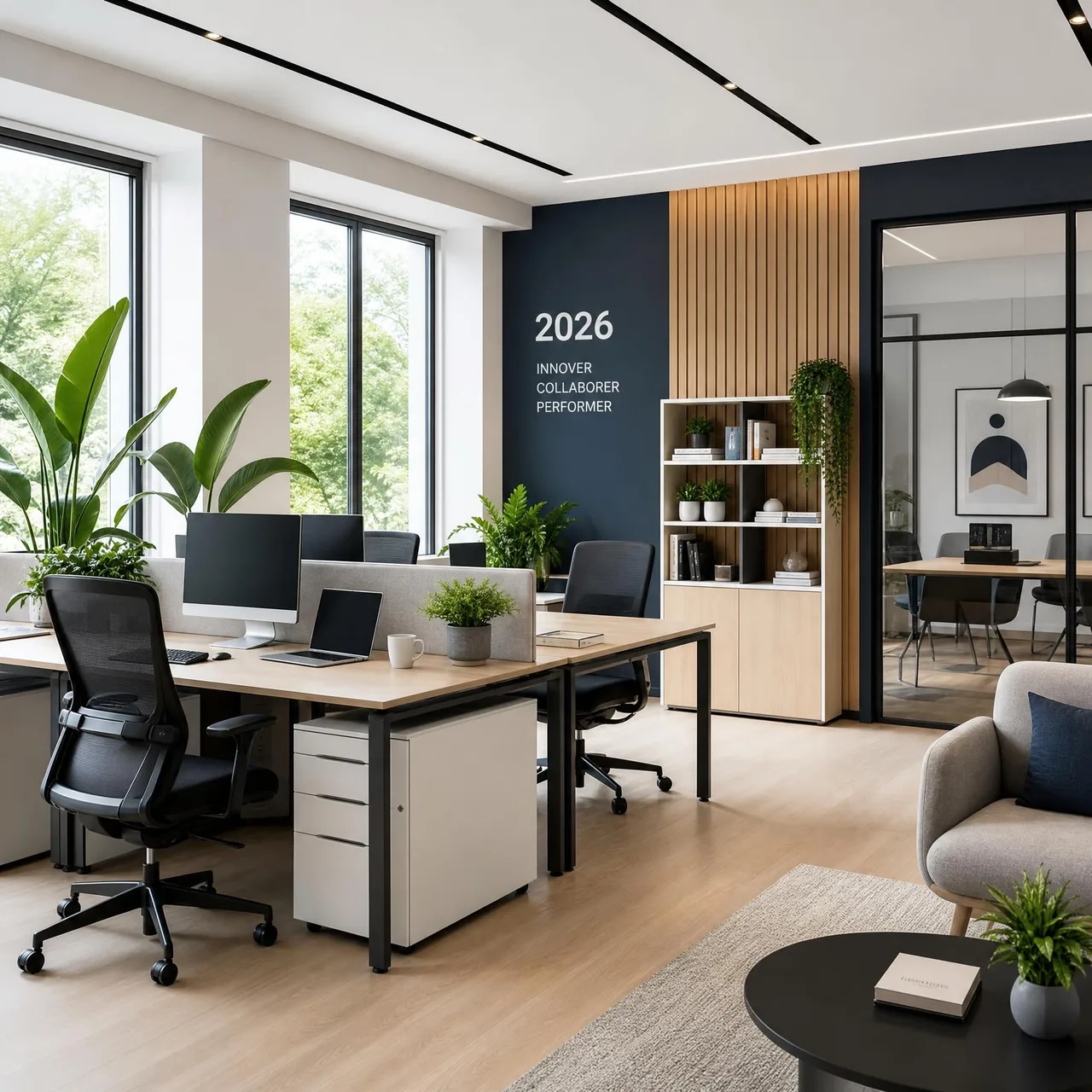 Bureau moderne rénové avec mobilier ergonomique, éclairage naturel et décoration épurée en 2026