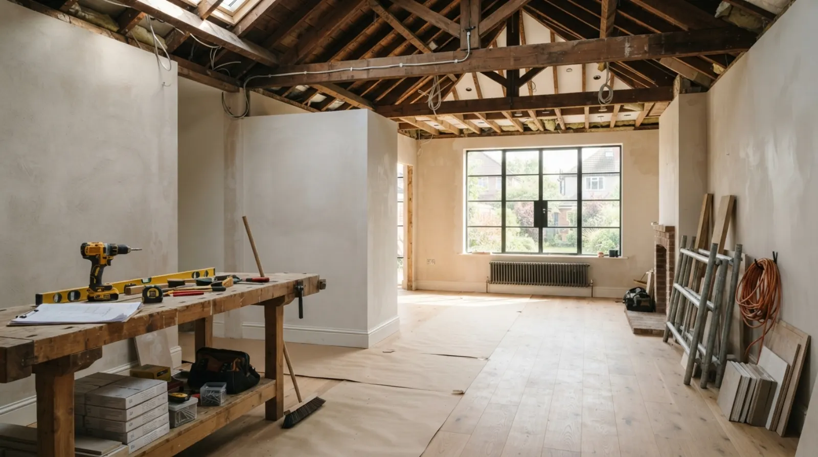Artisan tous corps d'état supervisant un chantier de rénovation clé en main dans une maison lumineuse