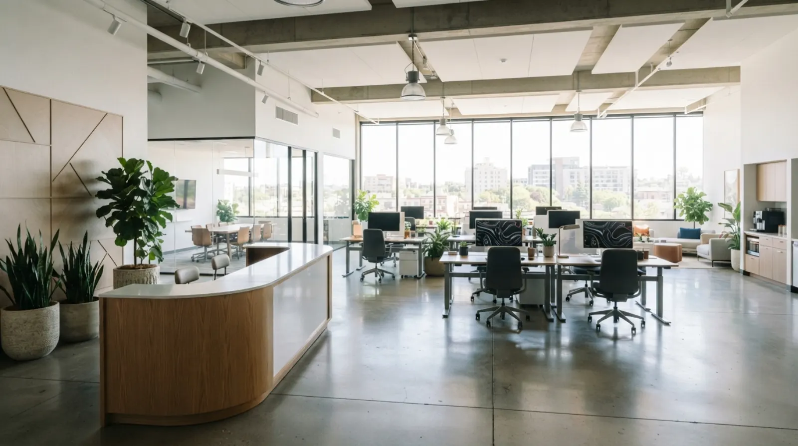 Espace de bureau professionnel rénové avec sol en béton ciré, grandes fenêtres et comptoir d'accueil moderne