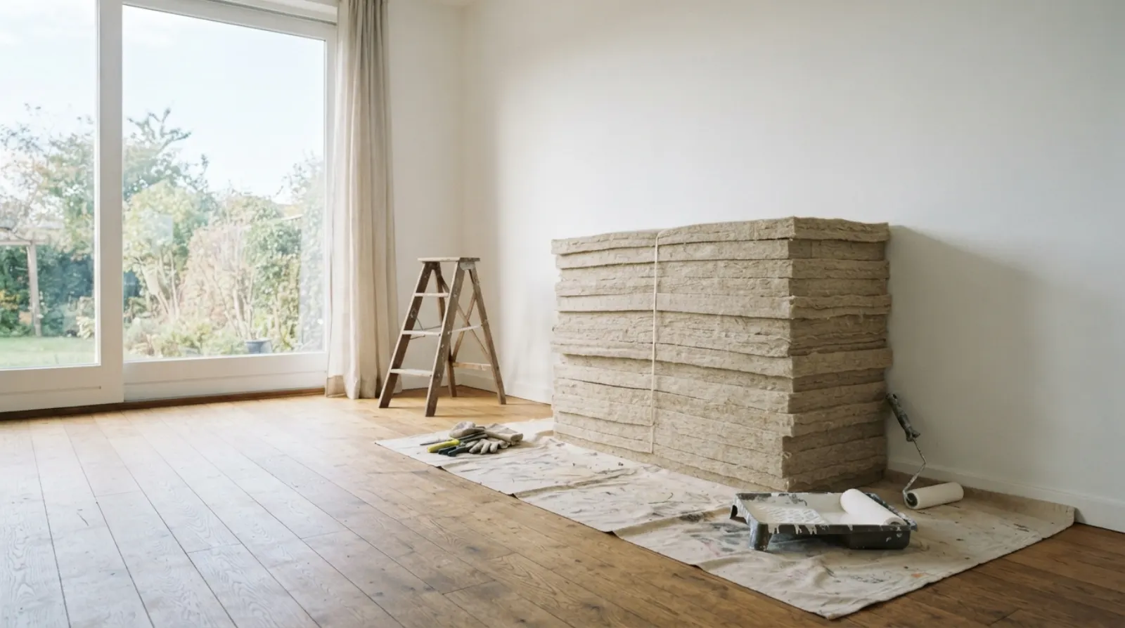 Intérieur rénové avec matériaux naturels : isolant en lin, parquet bois et peinture écologique