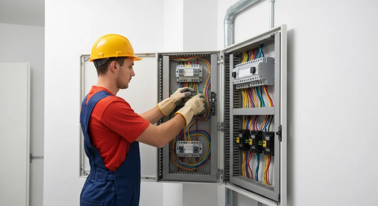Un électricien professionnel intervenant sur un tableau électrique résidentiel ouvert dans une pièce technique lumineuse