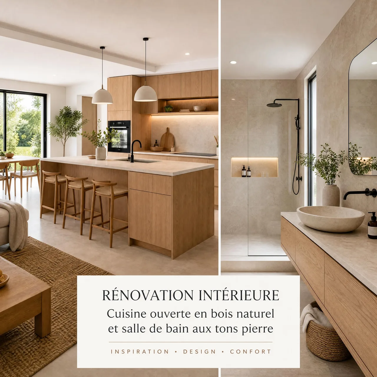 Rénovation intérieure contemporaine avec cuisine en bois naturel ouverte et salle de bain aux tons pierre, lumière naturelle