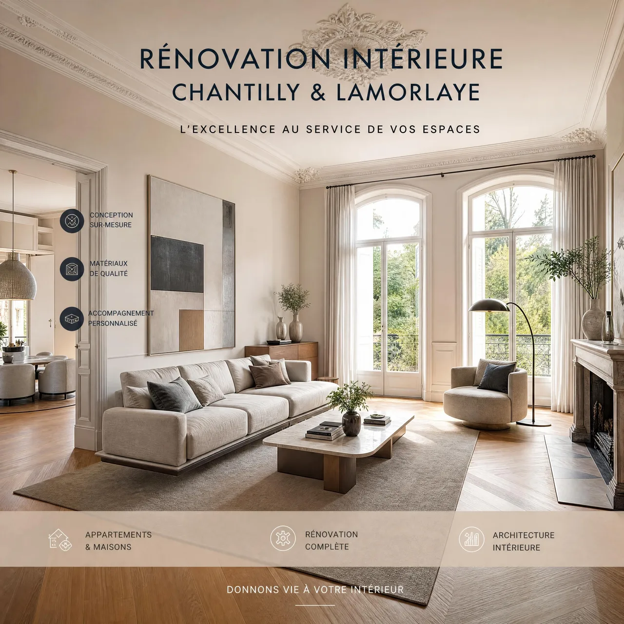 rénovation intérieure élégante d’une maison rénovée à Chantilly ou Lamorlaye avec salon lumineux, murs fraîchement peints et matériaux modernes