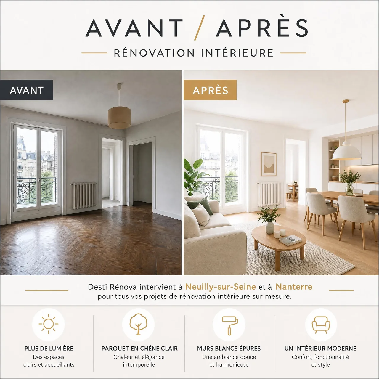 Avant-Après de la rénovation intérieure d'un appartement lumineux avec un parquet en chêne clair et des murs blancs épurés