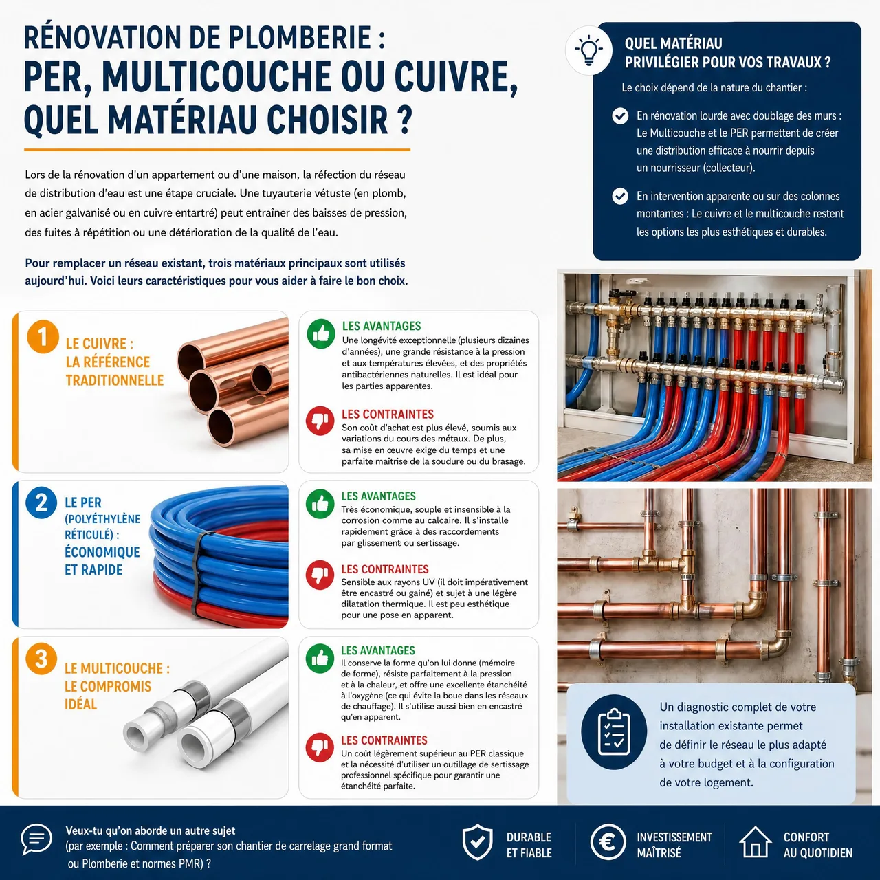 comparaison visuelle de tubes en cuivre, PER et multicouche utilisés pour la rénovation d’une installation de plomberie