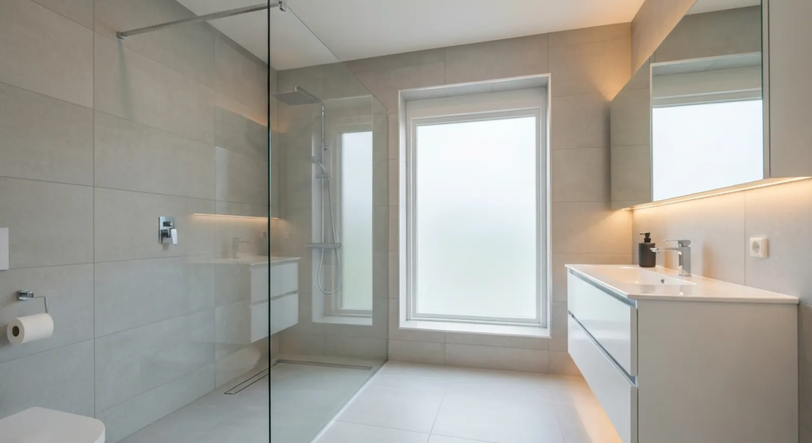 Salle de bain moderne entièrement rénovée avec douche à l'italienne, carrelage gris clair et meuble vasque suspendu
