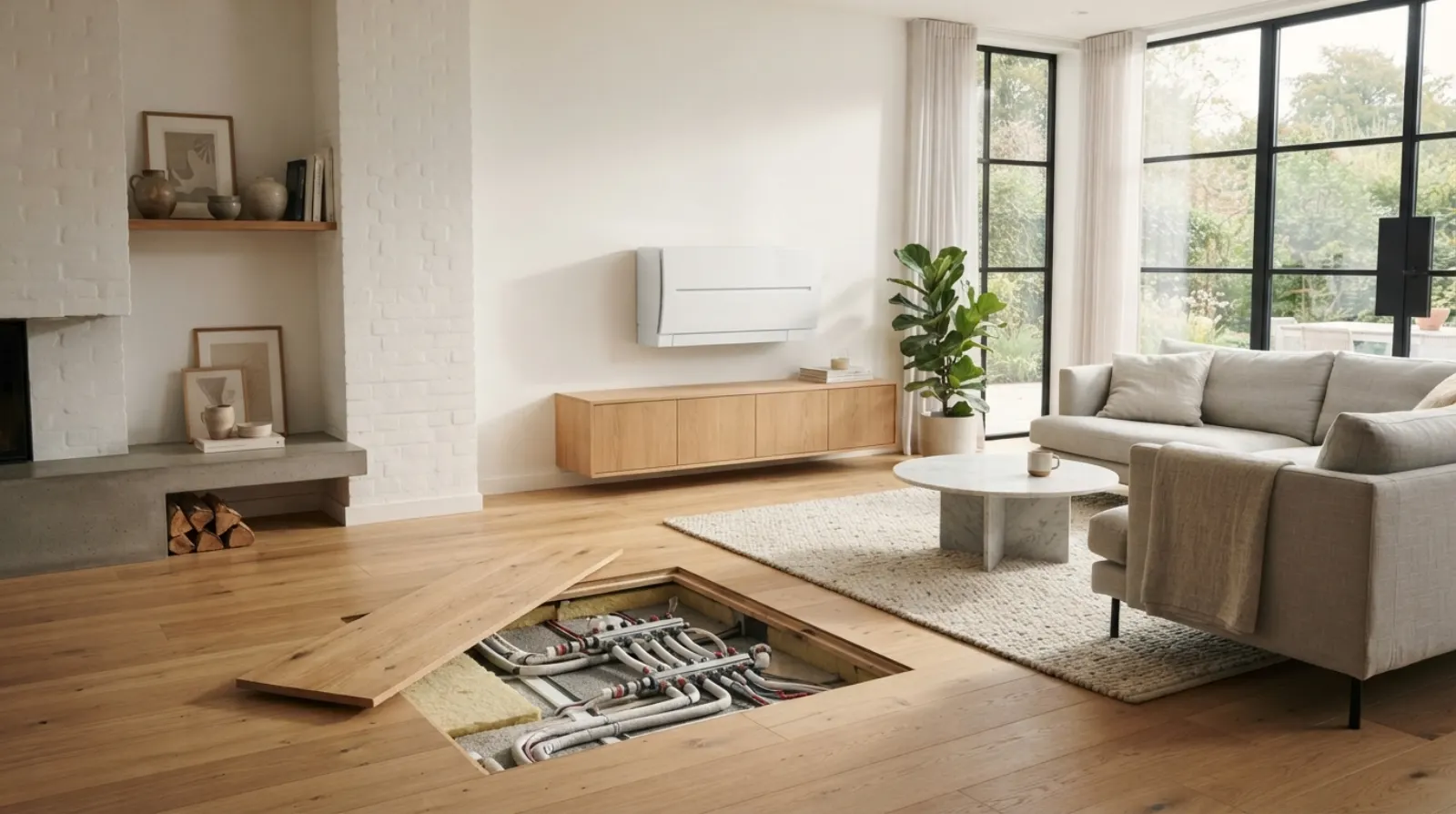 Salon rénové avec plancher chauffant et pompe à chaleur murale dans une maison moderne