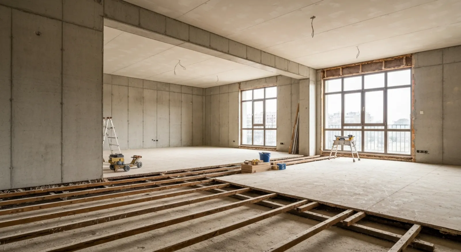Appartement en cours de rénovation complète avec murs bruts et lumière naturelle