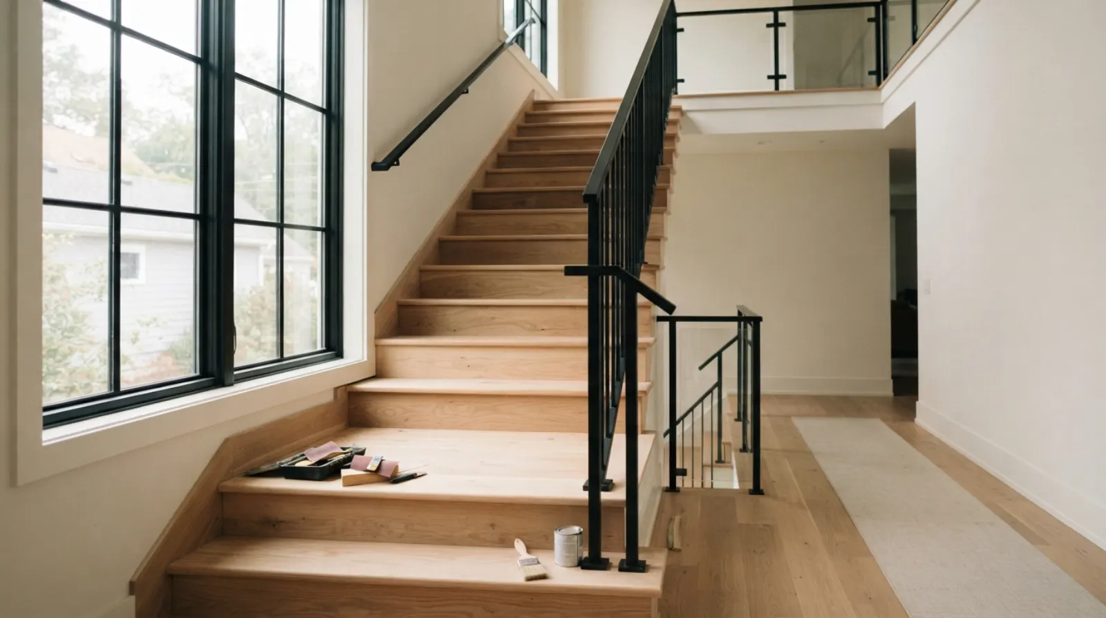 Escalier intérieur en bois rénové avec marches claires et garde-corps en métal noir, baigné de lumière naturelle