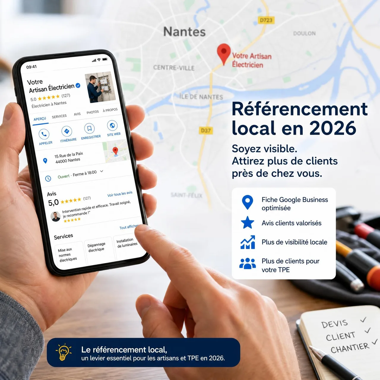 Artisan local consultant sa fiche Google Business Profile sur smartphone, avec une carte Google Maps en arrière-plan — référencement local pour les TPE et artisans en 2026