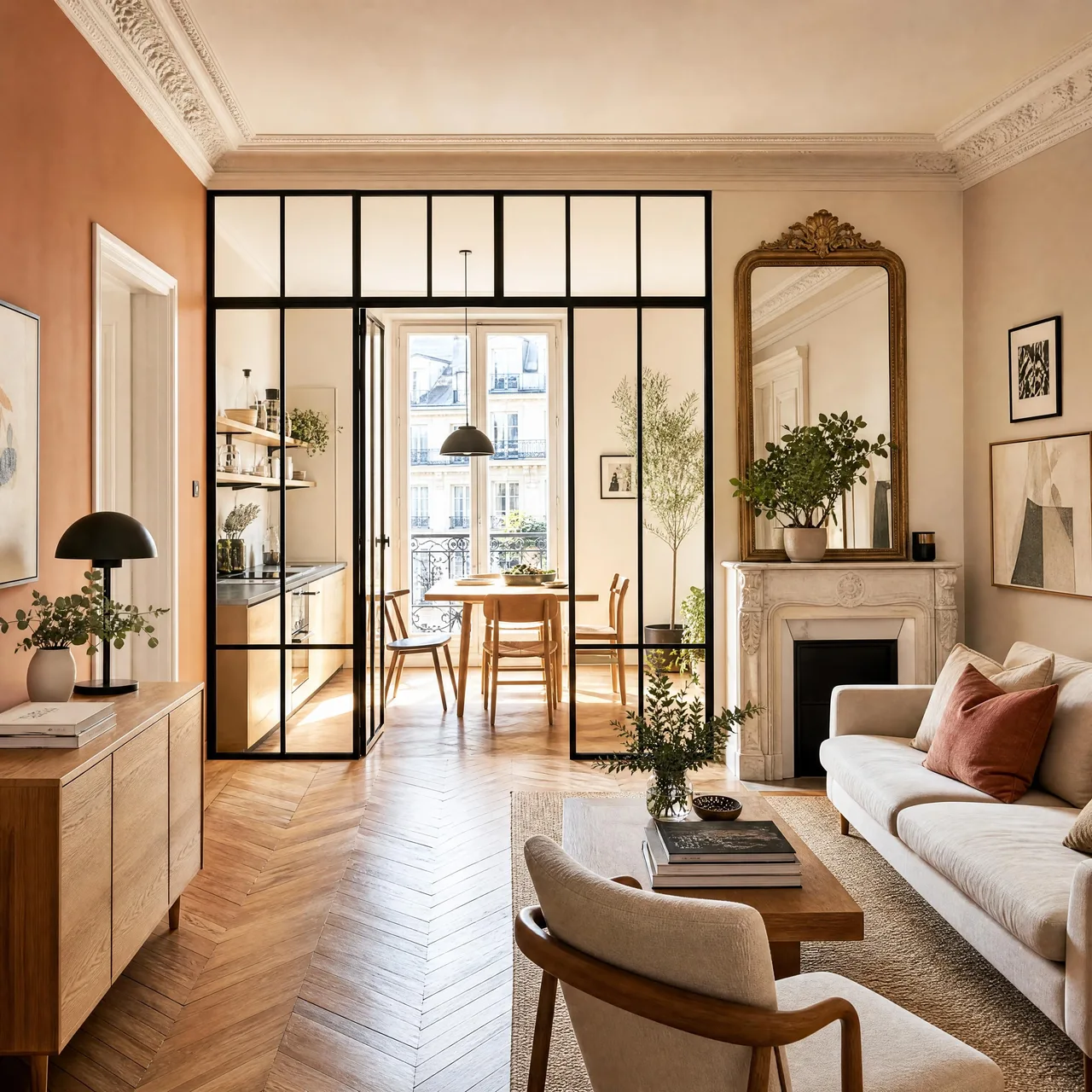 Un appartement haussmannien entièrement rénové avec goût, associant un parquet d'origine restauré, des murs peints dans une teinte terracotta douce, du mobilier en chêne massif naturel et une grande verrière d'atelier en métal noir laissant passer une lumière abondante