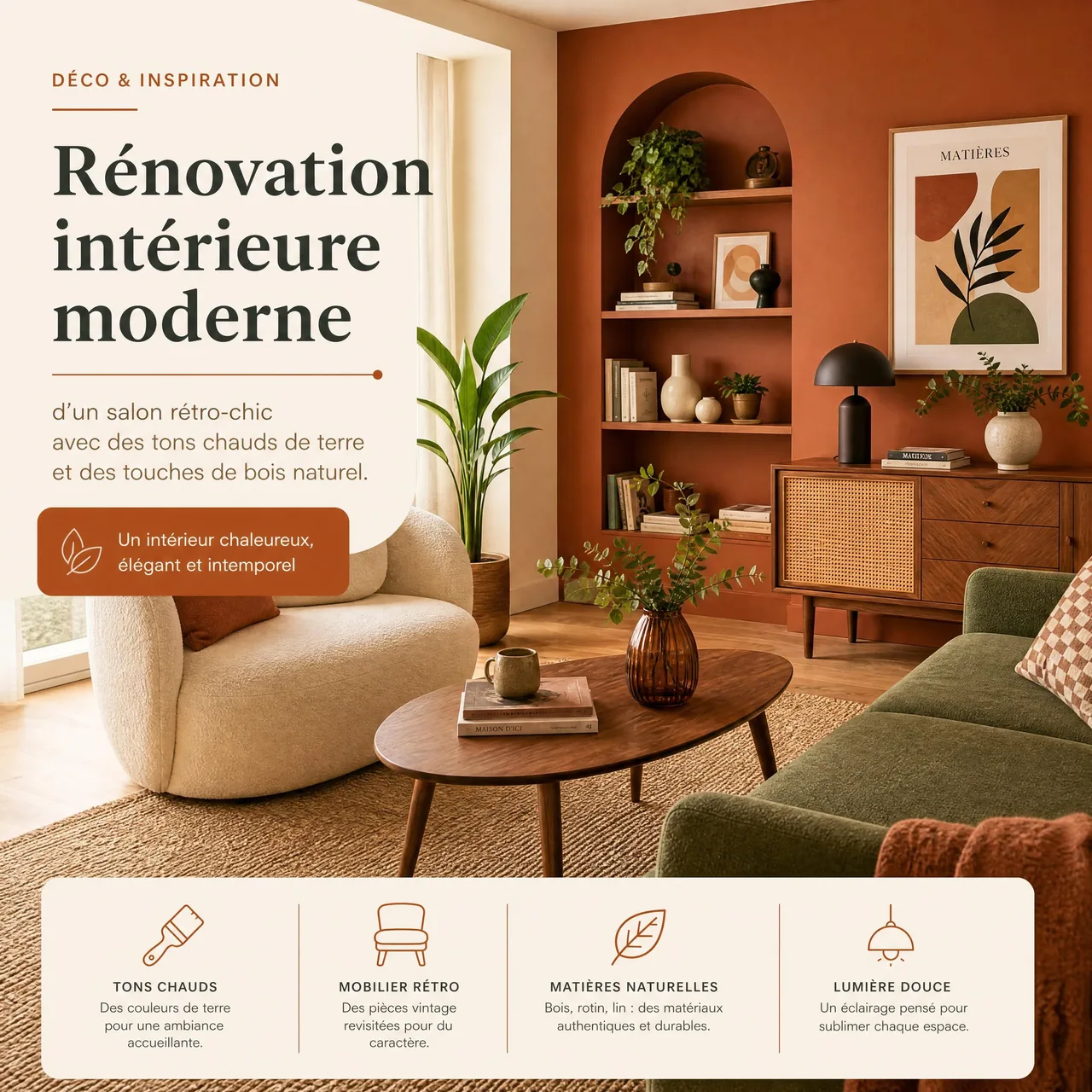 Rénovation intérieure moderne d'un salon rétro-chic avec des tons chauds de terre et des touches de bois naturel