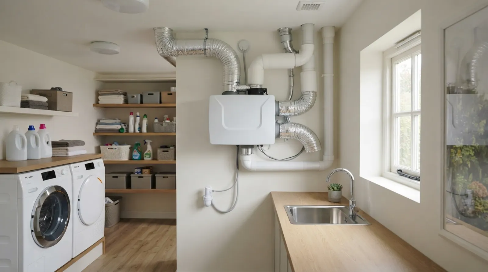 Unité de VMC double flux installée dans une pièce technique d'un logement rénové
