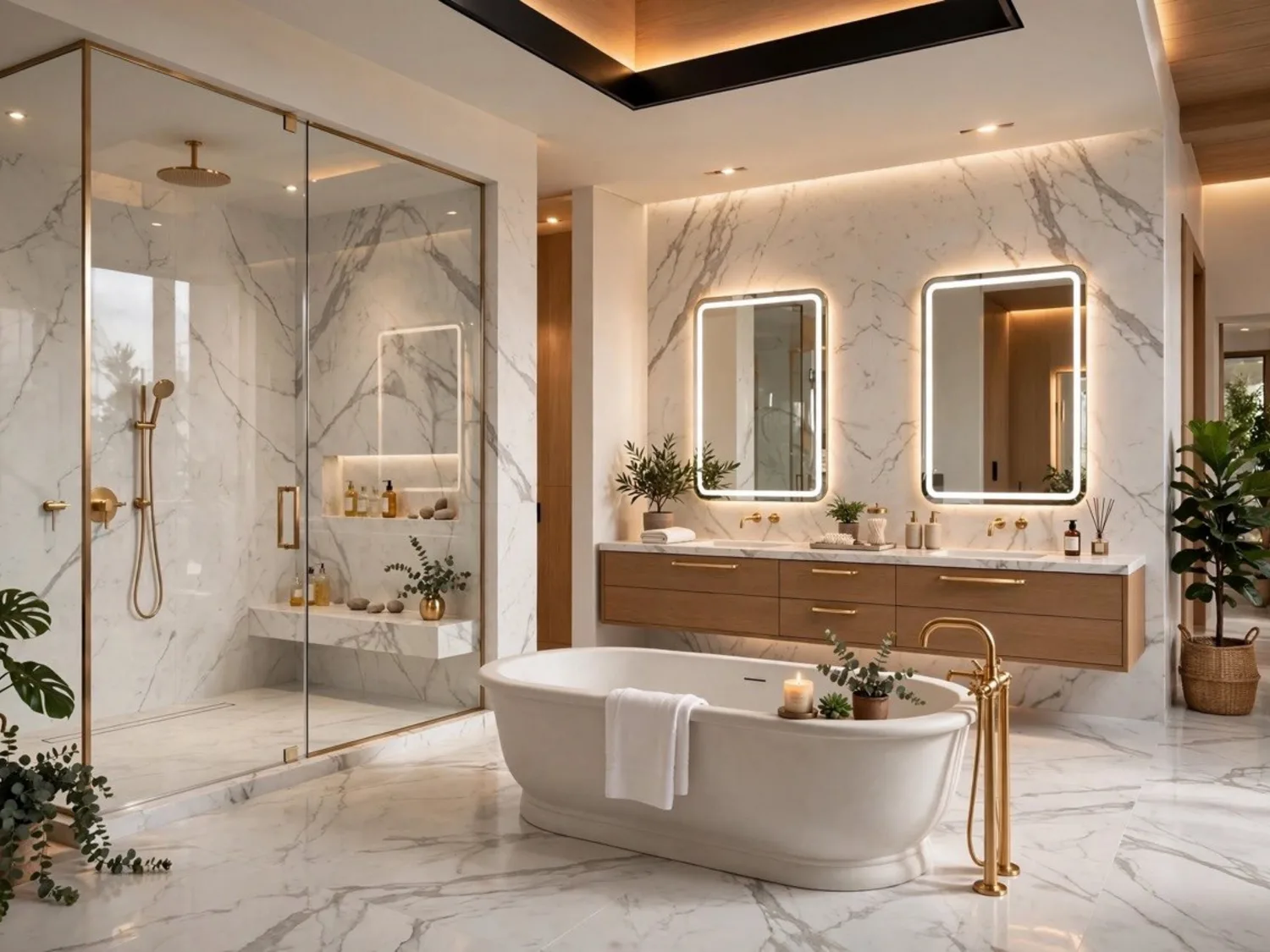 Réalisation : Salle de bain marbre et douche italienne — Salle de bain à Fosses